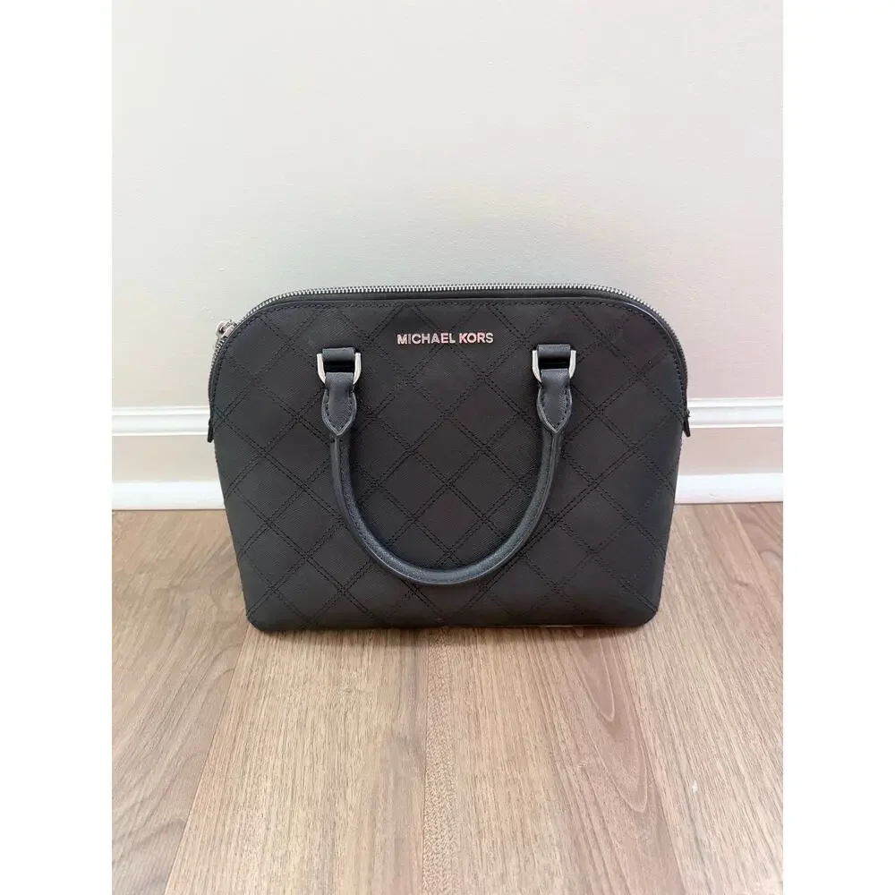 Michael Kors Cindy Dome Top Handle Black Diamond Stitch Silver Tone Purse